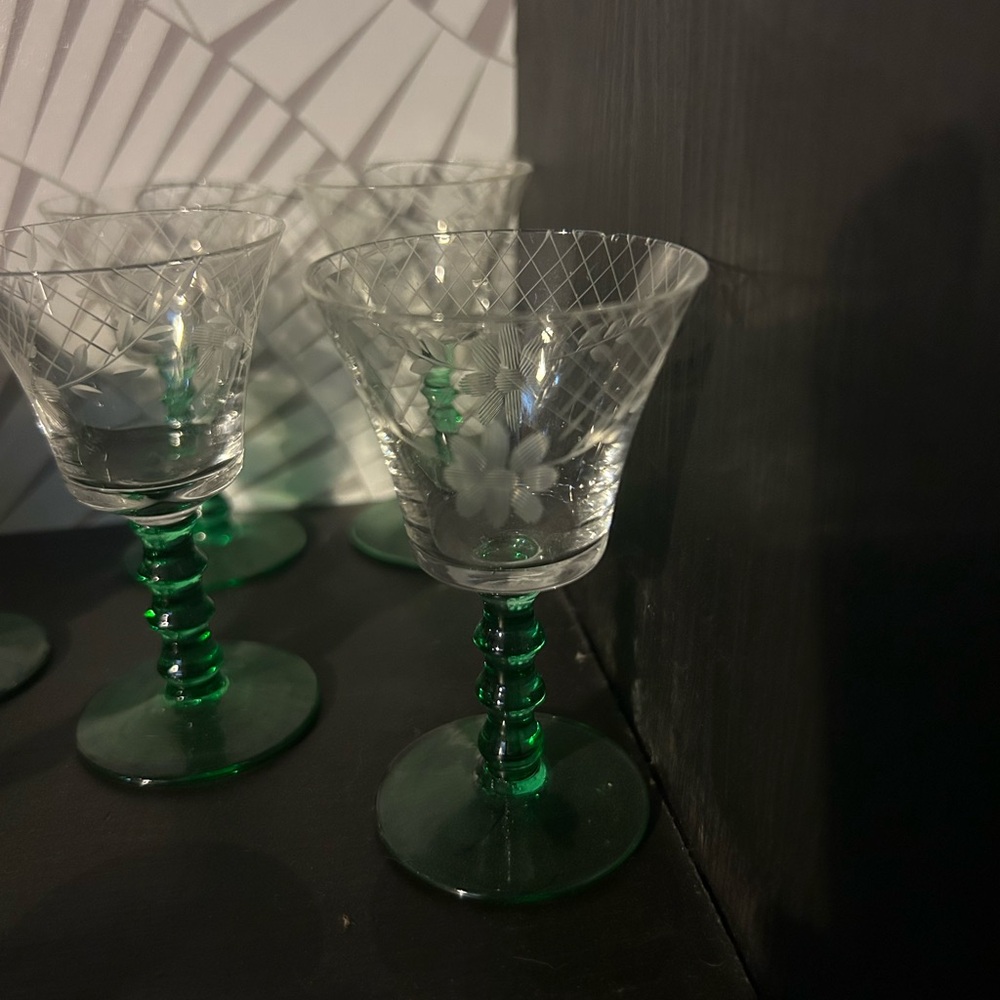 Etched Crystal Wine Glasses with Green Stems - Set